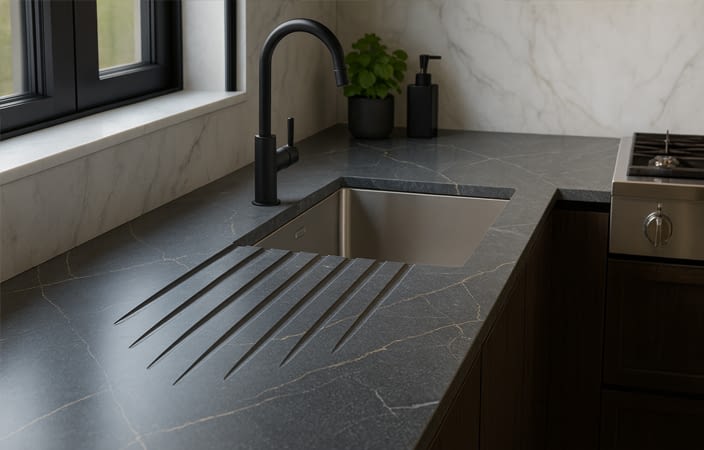 שיש למטבח עם משטח טפטוף מובנה